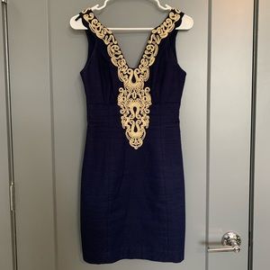 Lilly Pulitzer gold embroidered navy shift dress